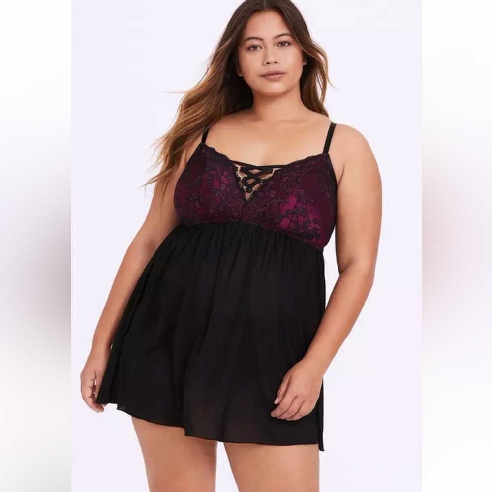 Torrid Curve Mesh Lattice Babydoll Lace Sexy Black & Purple Lingerie Size 4X
